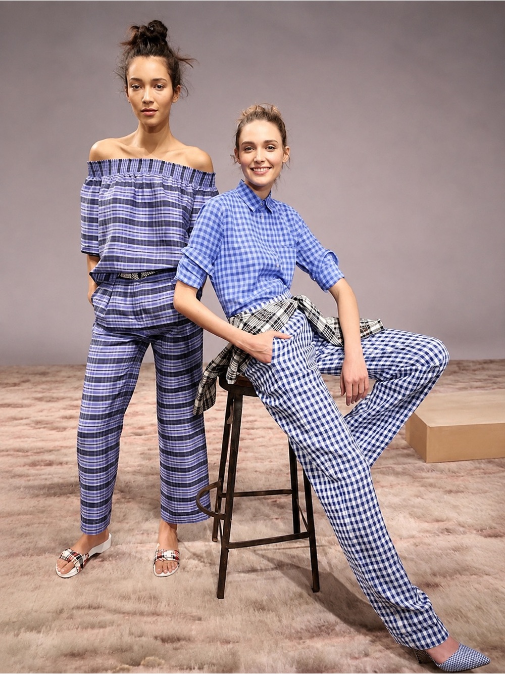 J. Crew Collection | Blue Plaid Silk Off Shoulder Blouse & Pants Set US 10 / 16